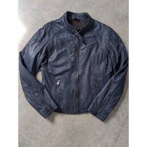 Mauritius Sandy Lamb Leather Jacket S | Dark Blue Moto Zip Regular Fit